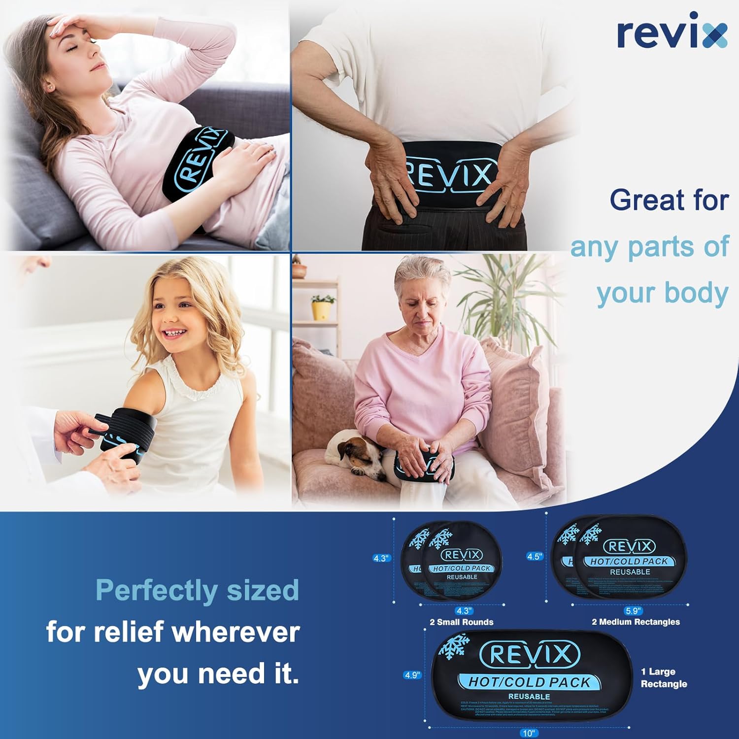 REVIX 5-Piece Reusable Ice Packs for Injuries - Hot & Cold Gel Pack for Muscle & Joint Recovery - Adjustable Cooling Pads for Knees, Back, Arms, Neck - Espot.com.au