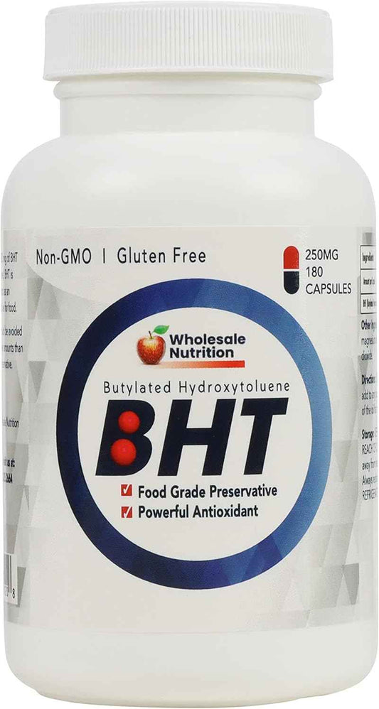 BHT 250mg Wholesale Nutrition - 180 Capsules, Antioxidant Support, Food Grade Preservative, Non-GMO, Gluten-Free - Made in USA