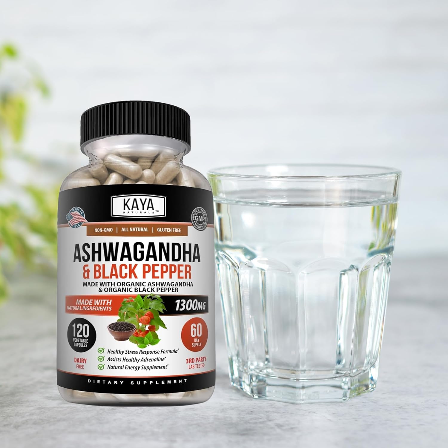 Organic Ashwagandha Capsules 1300mg - Stress Relief, Adrenal & Thyroid Support with Black Pepper - 120 Count - 100% Pure Ashwagandha - Kaya Naturals - Espot.com.au