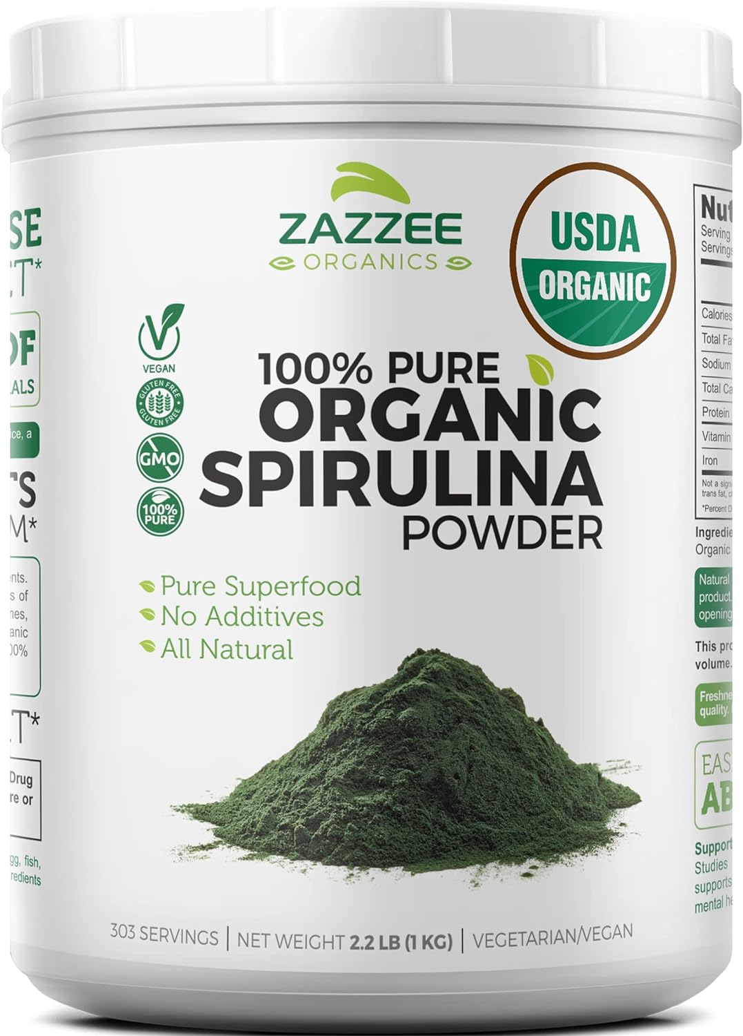 Organic Spirulina Powder - 2.2lbs (1KG) USDA Certified - 303 Servings - Pure, Non-Irradiated - Wide Mouth Container - Fresh Smell, Neutral Taste - Vegan, Non-GMO, Gluten-Free - Espot.com.au