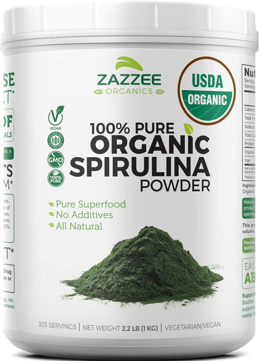 Organic Spirulina Powder - 2.2lbs (1KG) USDA Certified - 303 Servings - Pure, Non-Irradiated - Wide Mouth Container - Fresh Smell, Neutral Taste - Vegan, Non-GMO, Gluten-Free - Espot.com.au