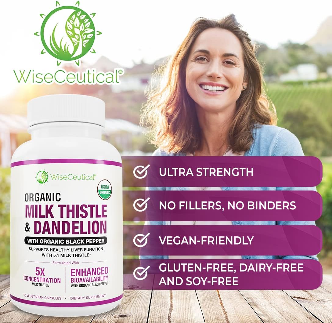 Organic Milk Thistle & Dandelion Root Liver Support Supplement - 2000mg Strength, High Absorption Formula with Silymarin Antioxidant Flavonoid - USDA Certified - 60 Count Pack - Espot.com.au