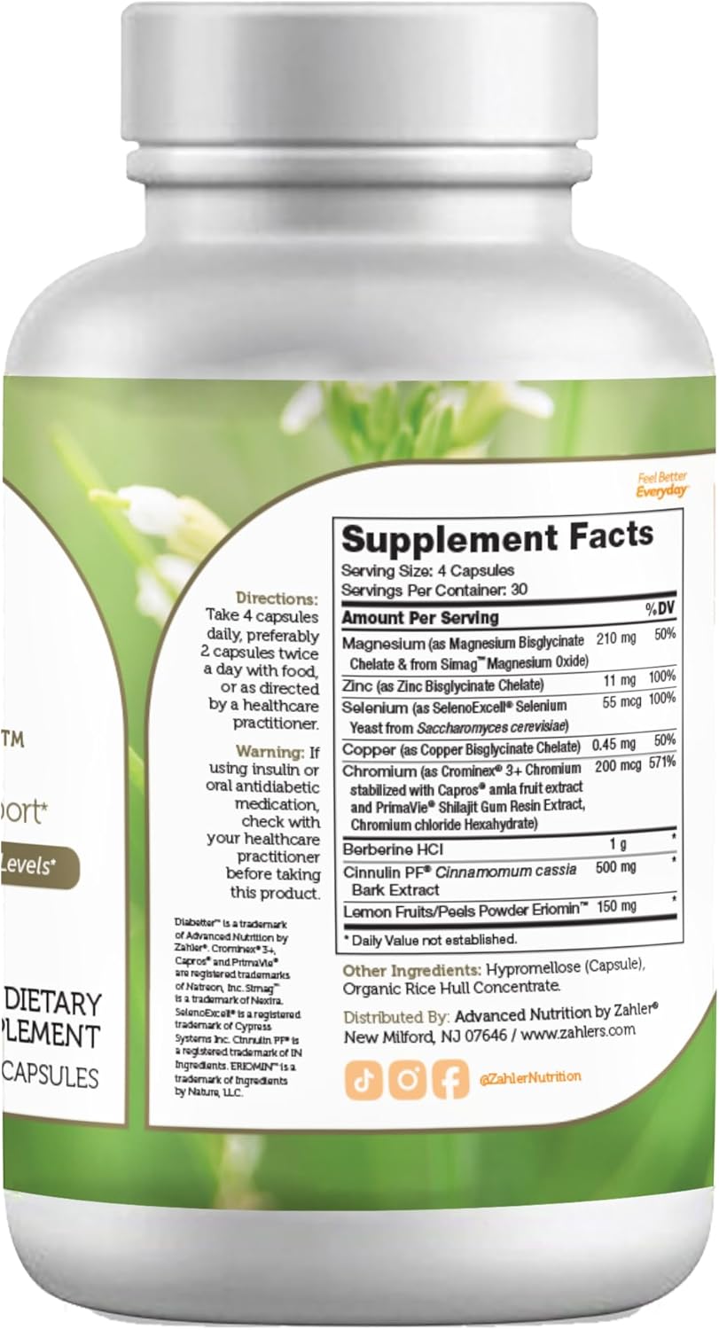 Zahler Diabetter: Glucose Support Supplement with Cinnamon - Kosher Certified - 180 Capsules - Espot.com.au
