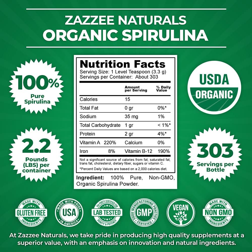 Organic Spirulina Powder - 2.2lbs (1KG) USDA Certified - 303 Servings - Pure, Non-Irradiated - Wide Mouth Container - Fresh Smell, Neutral Taste - Vegan, Non-GMO, Gluten-Free - Espot.com.au