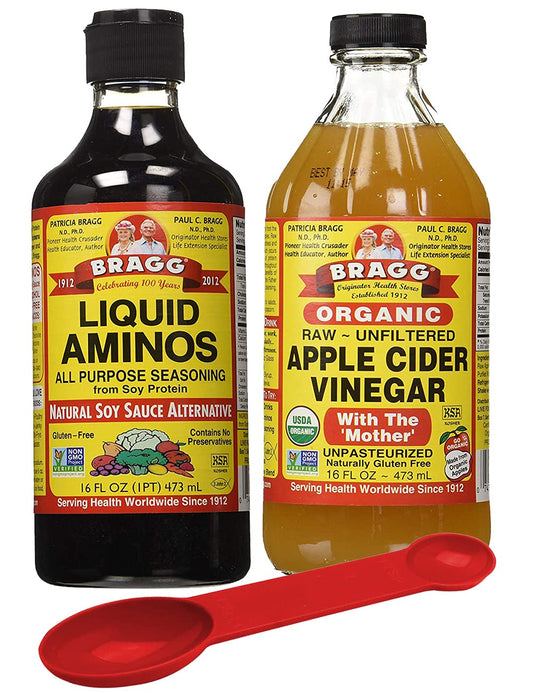 Organic Bragg Liquid Aminos & Apple Cider Vinegar Variety Pack 16oz with Bonus Measuring Spoon - Raw & Unfiltered - Espot.com.au