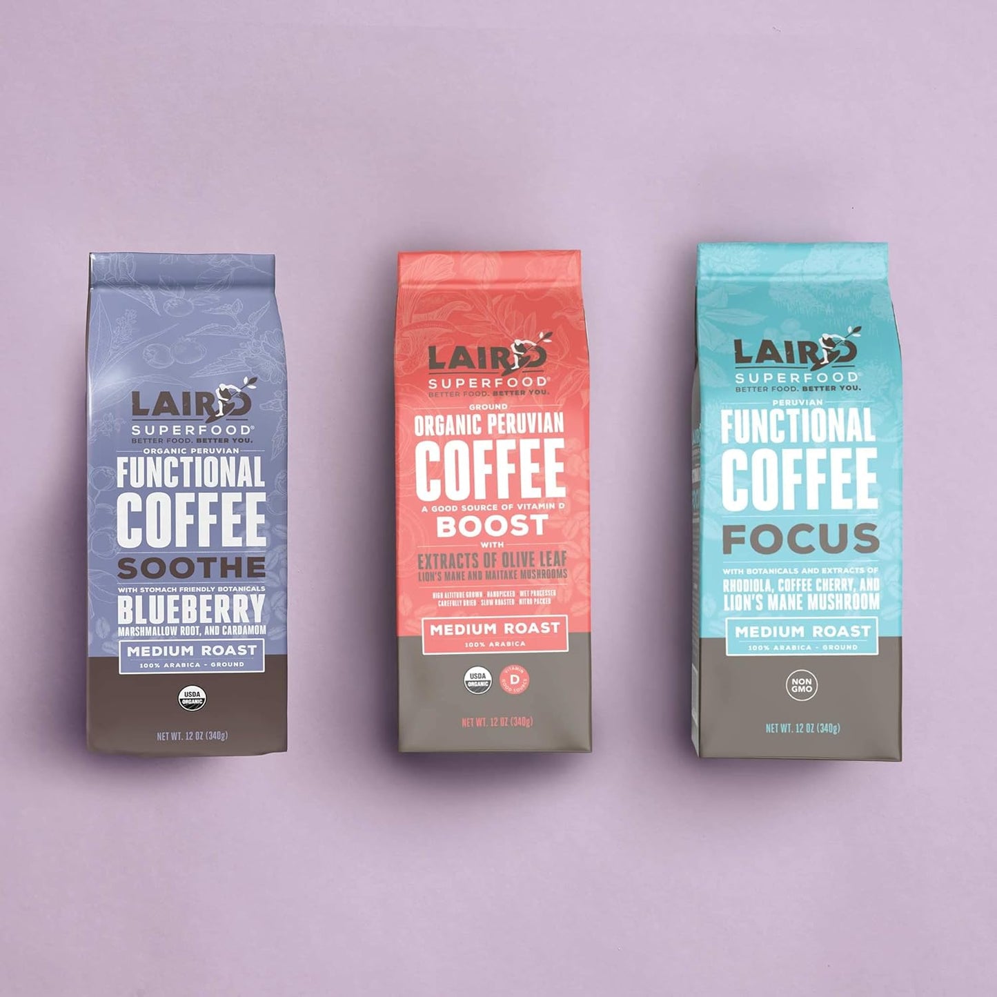 Organic Medium Roast Caffeinated Soothe Coffee with Stomach-Friendly Ingredients - 12 oz Bag - Marshmallow Root, Cardamom, Blueberry Powder - Laird Superfood - Espot.com.au