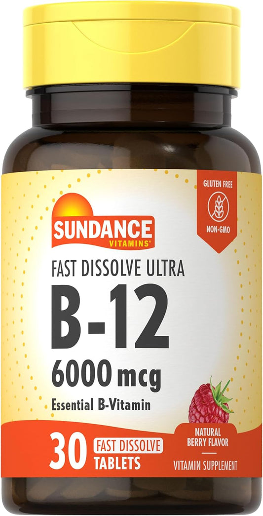 Sundance Vitamin B-12 6000mcg Fast Dissolve Tablets - Natural Berry Flavor - Vegetarian, Non-GMO, Gluten Free - Espot.com.au