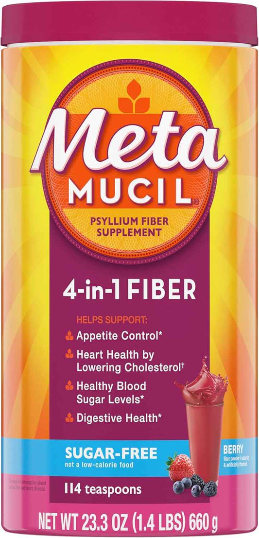 Sugar-Free Berry Flavored Metamucil Fiber Powder Drink, 114 Servings, 4-in-1 Psyllium Supplement
