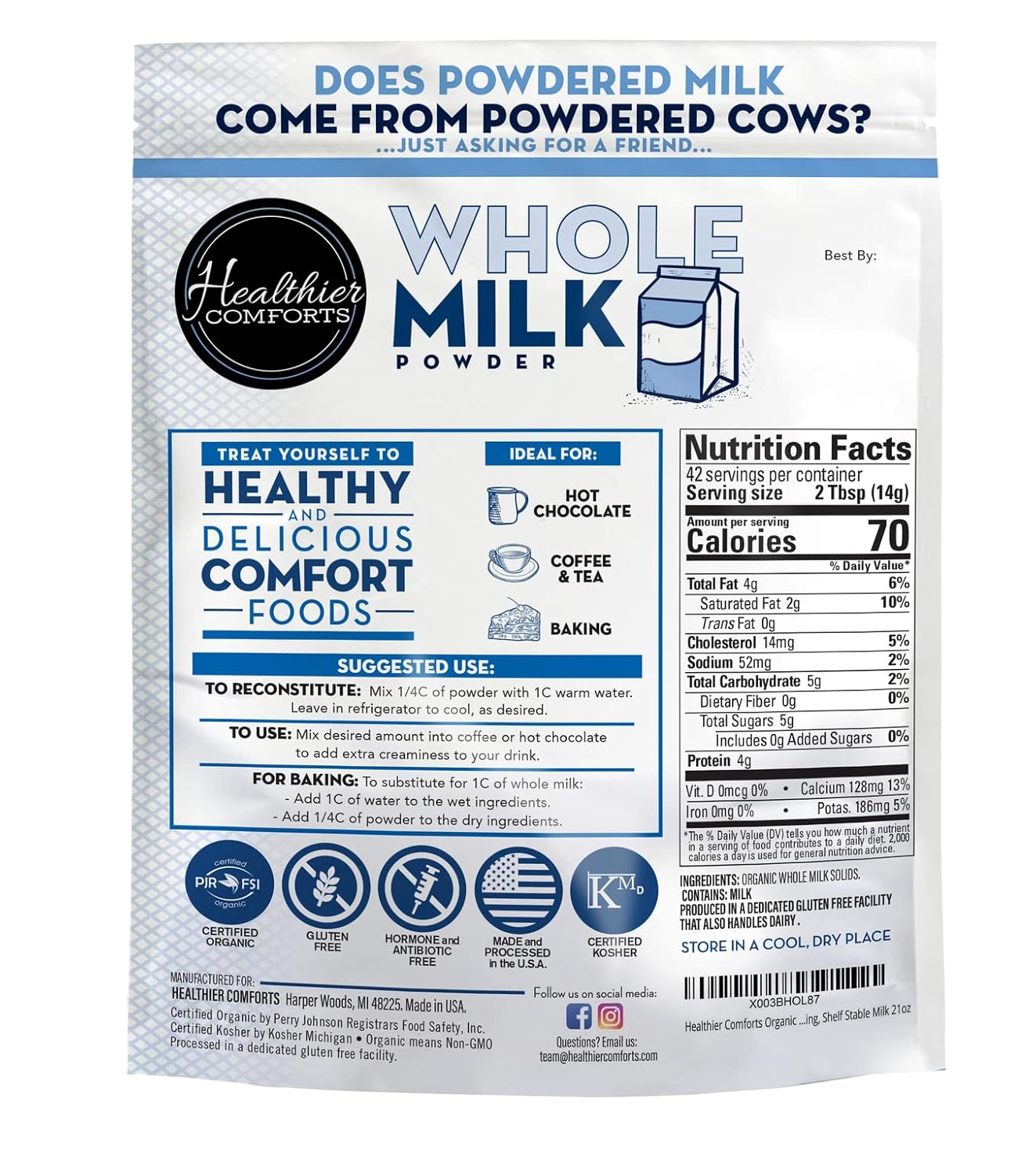 Certified Organic Whole Milk Powder | Kosher, Gluten Free, Non-GMO Dry Milk | Resealable Packaging | Shelf Stable | 21oz - Espot.com.au