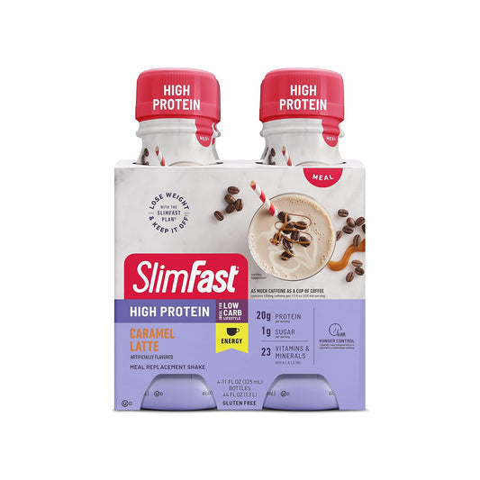 SlimFast Advanced Energy Caramel Latte Shake - High Protein Meal Replacement Drink - 4 Pack, 11 fl. oz. Bottles - Boost Energy and Weight Loss - On-the-Go Nutrition - Packaging May Vary - Espot.com.au