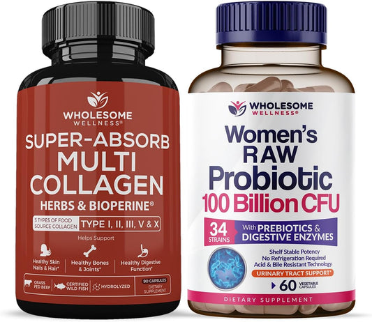 organic-multi-collagen-pills-with-raw-probiotics-for-women---100-billion-cfus-prebiotics-bundle---type-i-ii-iii-v-x---wholesome-wellness-formula-1