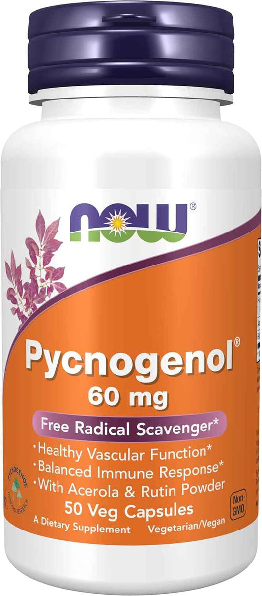 NOW Foods Pycnogenol 60 mg Supplement with French Maritime Pine Proanthocyanidins, Acerola, and Rutin Powder - 50 Veg Capsules