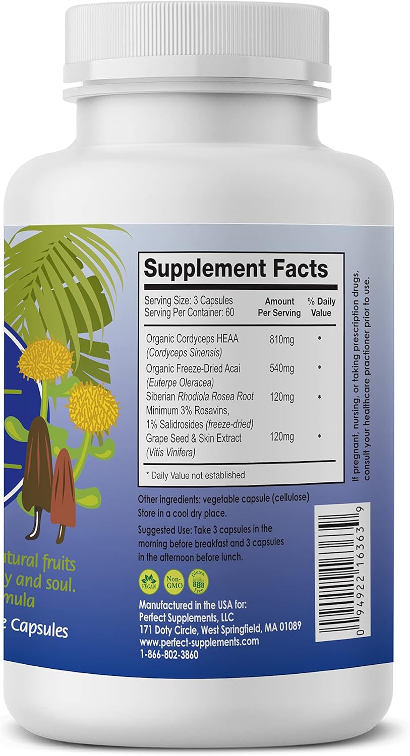 Organic Acai Revive Capsules with Cordyceps, Grape Seed Extract & Rhodiola Rosea - 180 Count - Espot.com.au