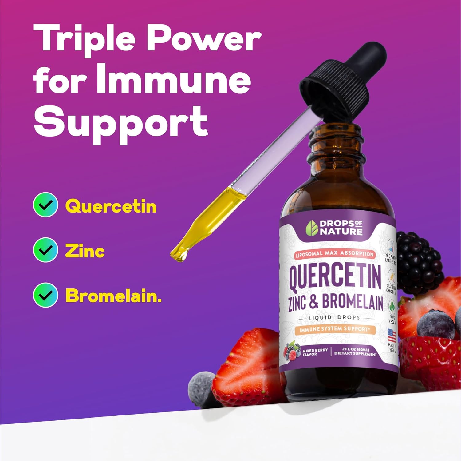 Nature's Quercetin with Bromelain & Zinc Liquid Drops - 750mg Immune Support for Adults & Kids | Bioflavonoid Rich Formula | Supports Immune Defense & Cellular Health | Vegan & Non-GMO | 2 Fl Oz - Espot.com.au