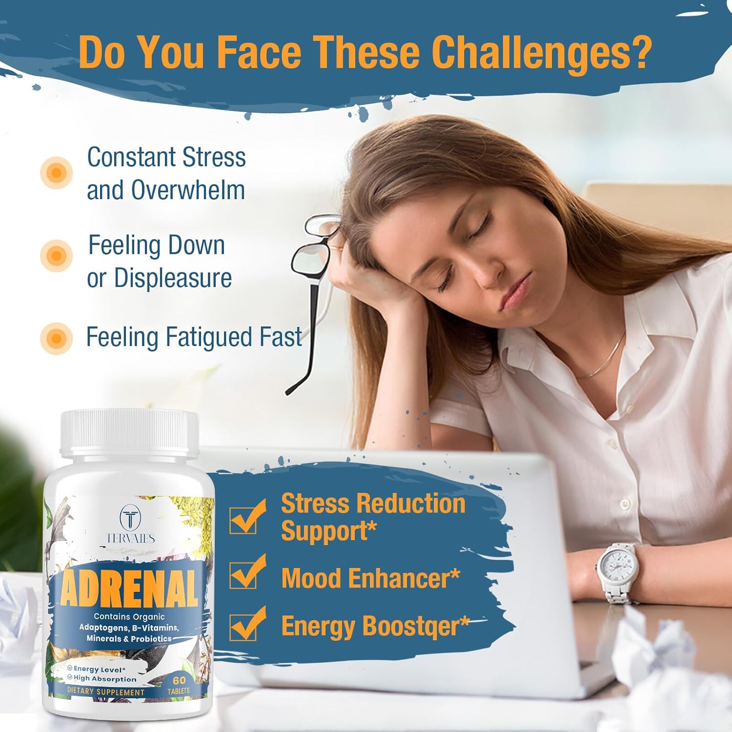 Adrenal Support Supplement with Adaptogens for Energy & Mood - 120 Vegan Tablets, Non-GMO - Rhodiola Rosea, Ashwagandha, Holy Basil, Eleuthero - Women & Men - Espot.com.au
