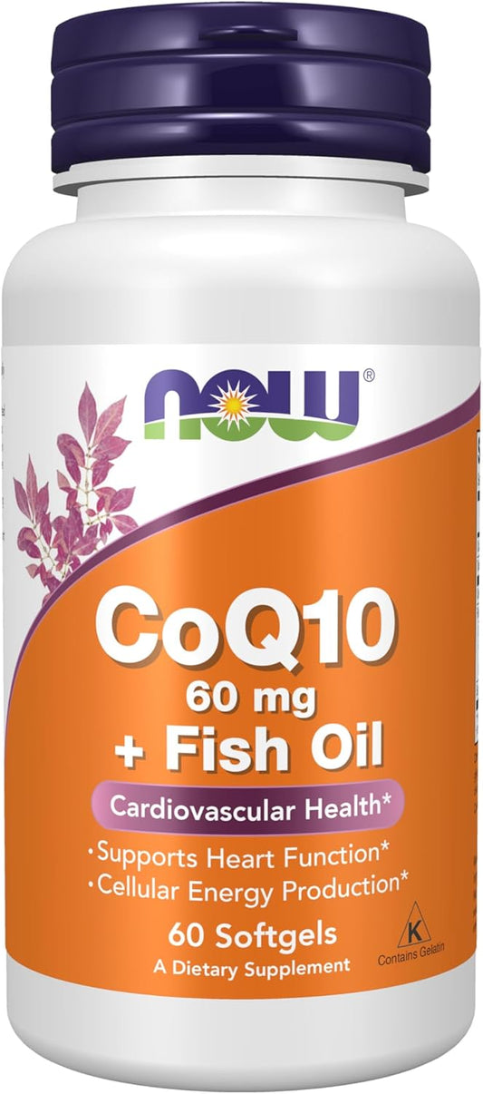 NOW Foods CoQ10 60 mg with Omega 3 Fish Oil Softgels for Cardiovascular Health - 60 Count - Espot.com.au
