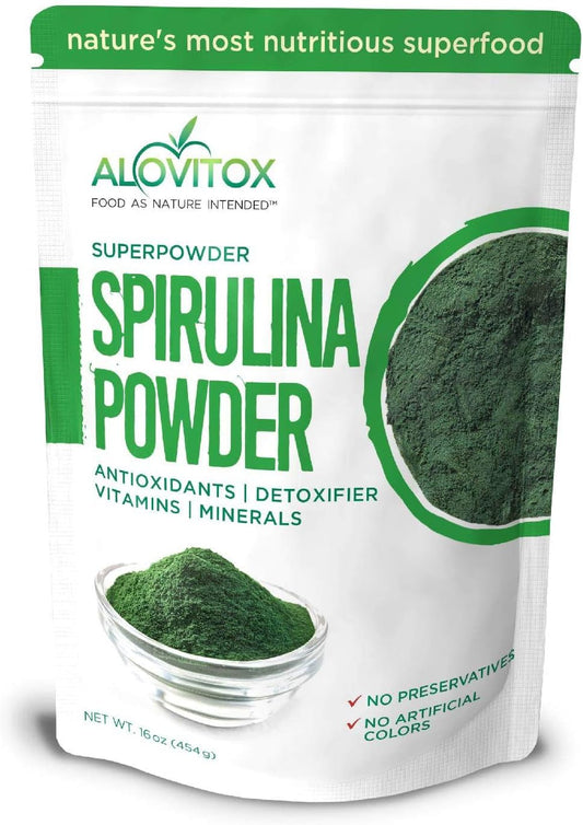 Organic Spirulina Powder - Nutrient Dense Superfood with Antioxidants, Proteins, Vitamins, Fiber, Omegas 3, 6 & 9 - 100% Organic, Gluten Free, Vegan, Non-GMO - 1 lb - Alovitox - Espot.com.au