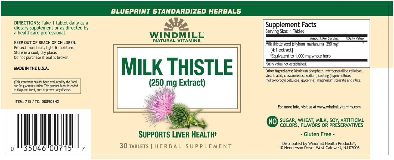 30 Tablets of Windmill Milk Thistle 250 mg - Herbal Supplement for Liver Health and Detox Support - Espot.com.au
