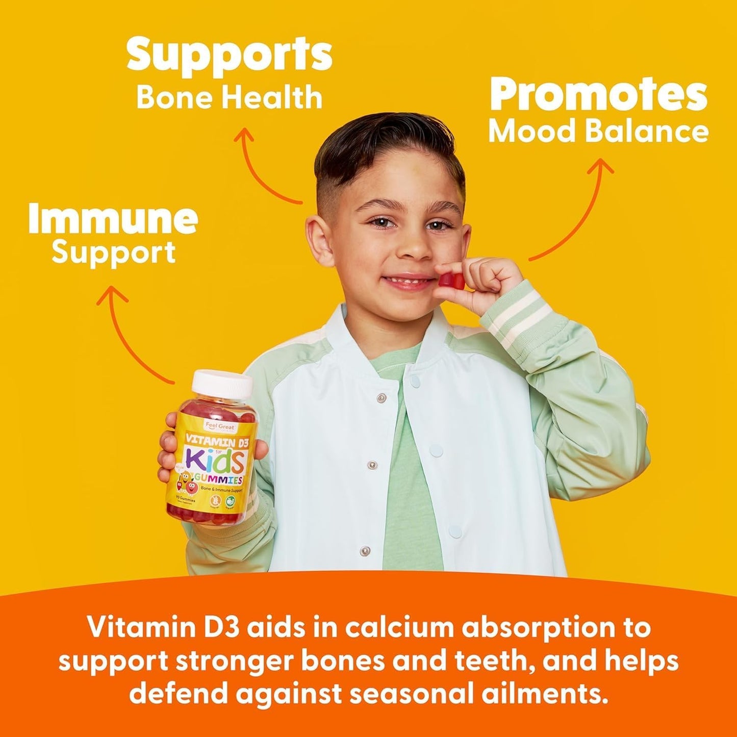 Feel Great Kids Vitamin D3 1000 IU Gummies - Citrus Flavored Vegetarian D3 Gummies for Healthy Bones, Mood, & Immune Support - 90 Day Supply from The Feel Great Vitamin Company - Espot.com.au