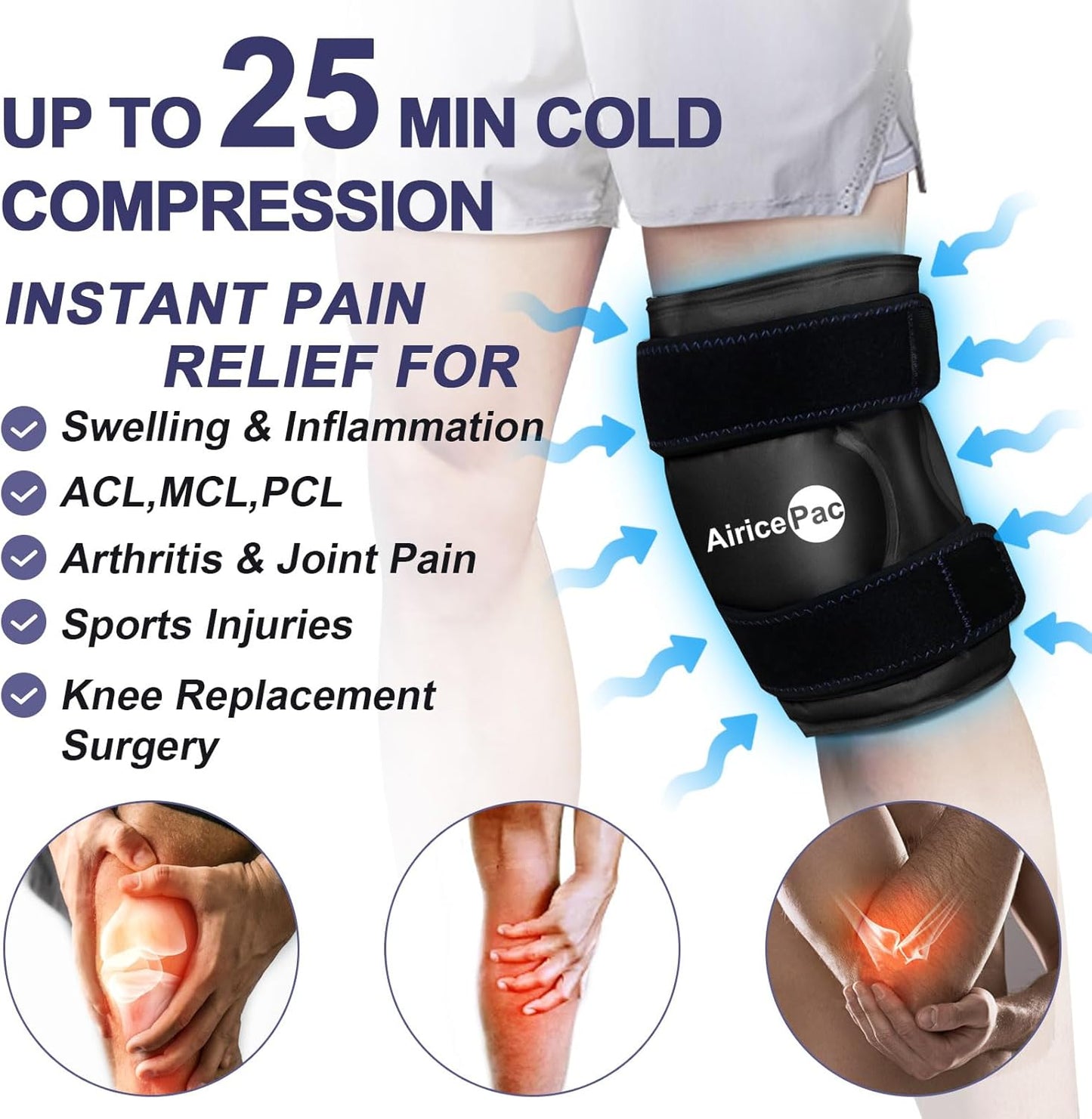 Reusable Gel Ice Wrap for Knee Pain Relief - Cold Compress Therapy for Injuries, Swelling, Arthritis, Meniscus Tear, ACL - AiricePac 2 Ice Pack for Knee - Black - Espot.com.au
