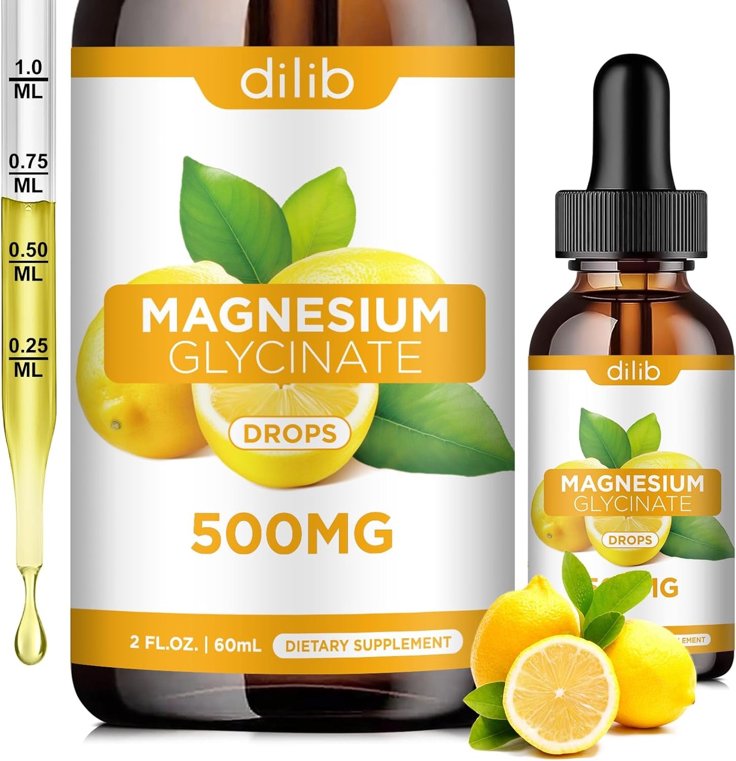 Magnesium Glycinate Liquid Drops 500mg with Calcium, Zinc, Vitamin B6, D3, L-Theanine, Omega 3 - Lemon Flavor Supplement for Sleep, Mood, Stress Relief, Bone, Muscle - Espot.com.au