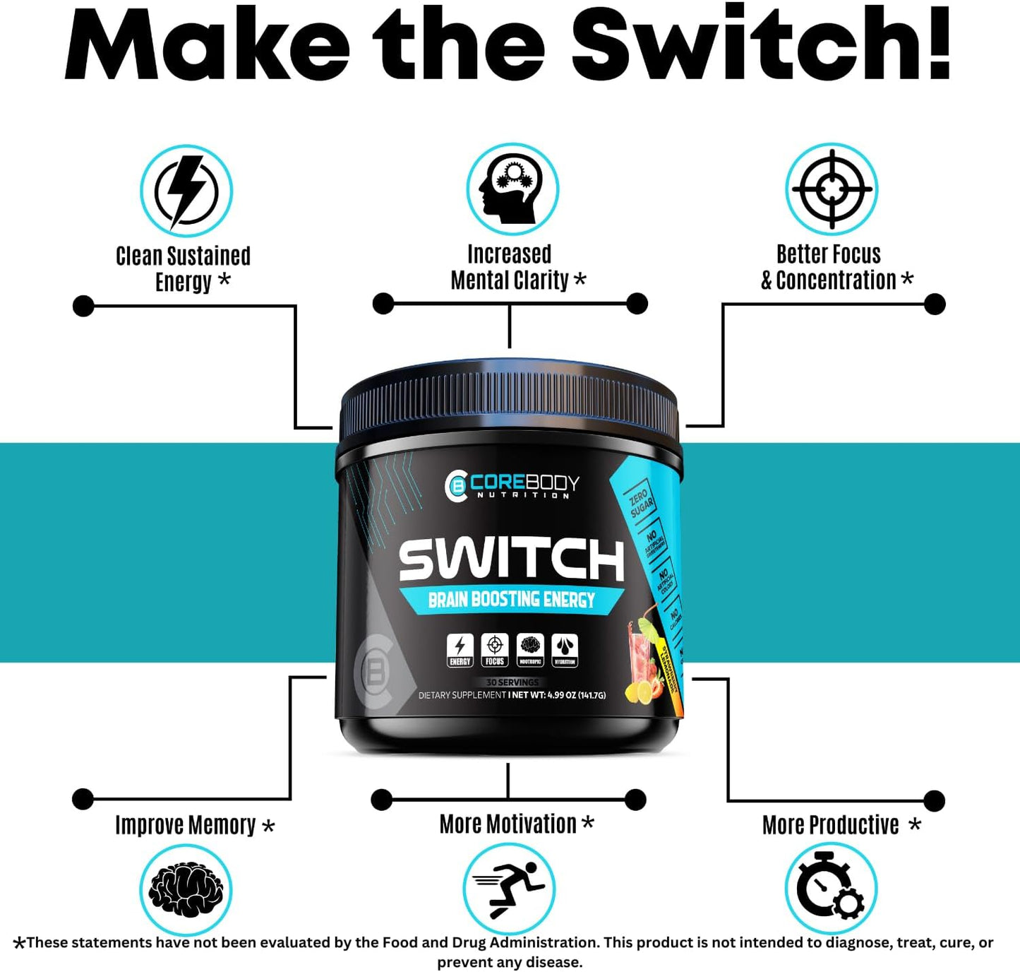 Brain Boosting Nootropic Energy Supplement with Alpha GPC & Ashwagandha - Enhance Mental Focus, Cognitive Function, Mood & Memory - Sugar Free Energy Powder for Keto - CoreBody Nutrition Switch - Espot.com.au