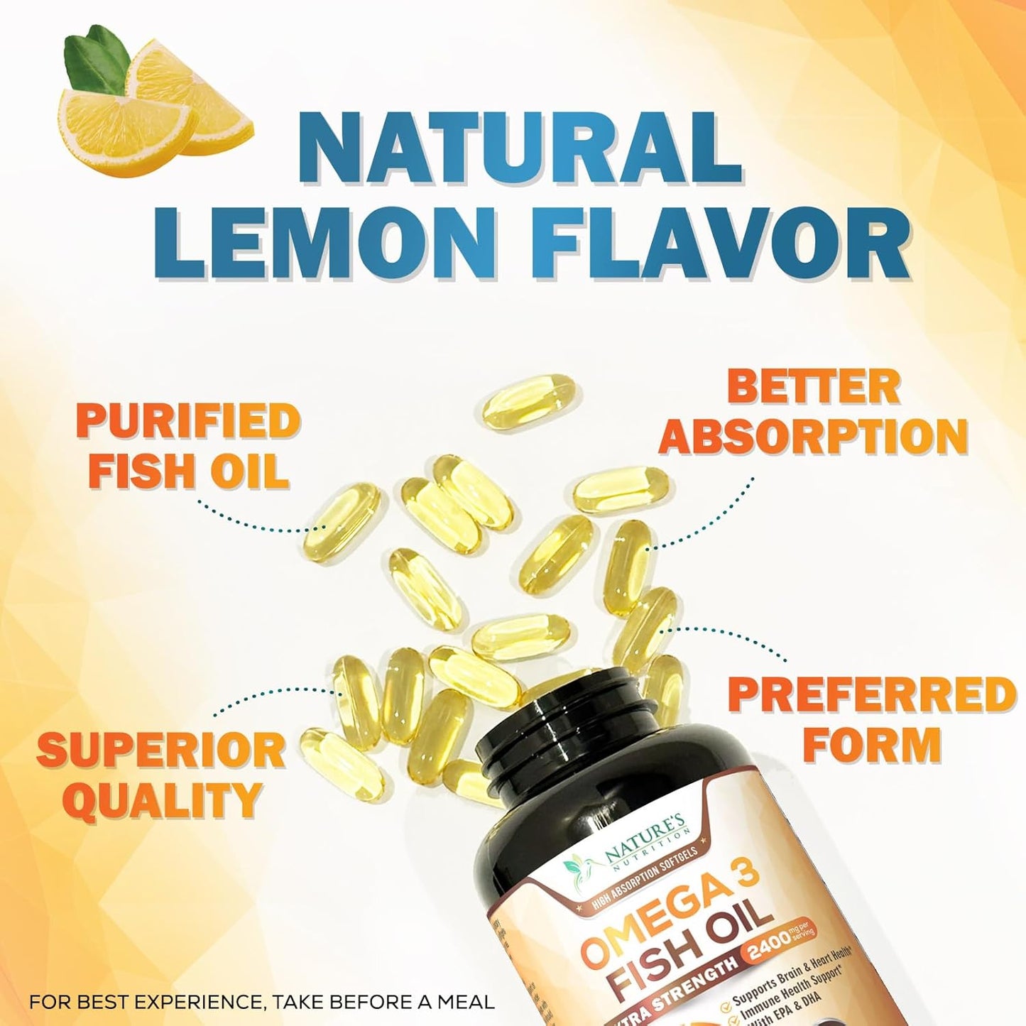 180 Nature's Nutrition Triple Strength Omega-3 Fish Oil Softgels, 2400mg, EPA & DHA for Brain & Heart Health, Omega-3 Supplement - Espot.com.au