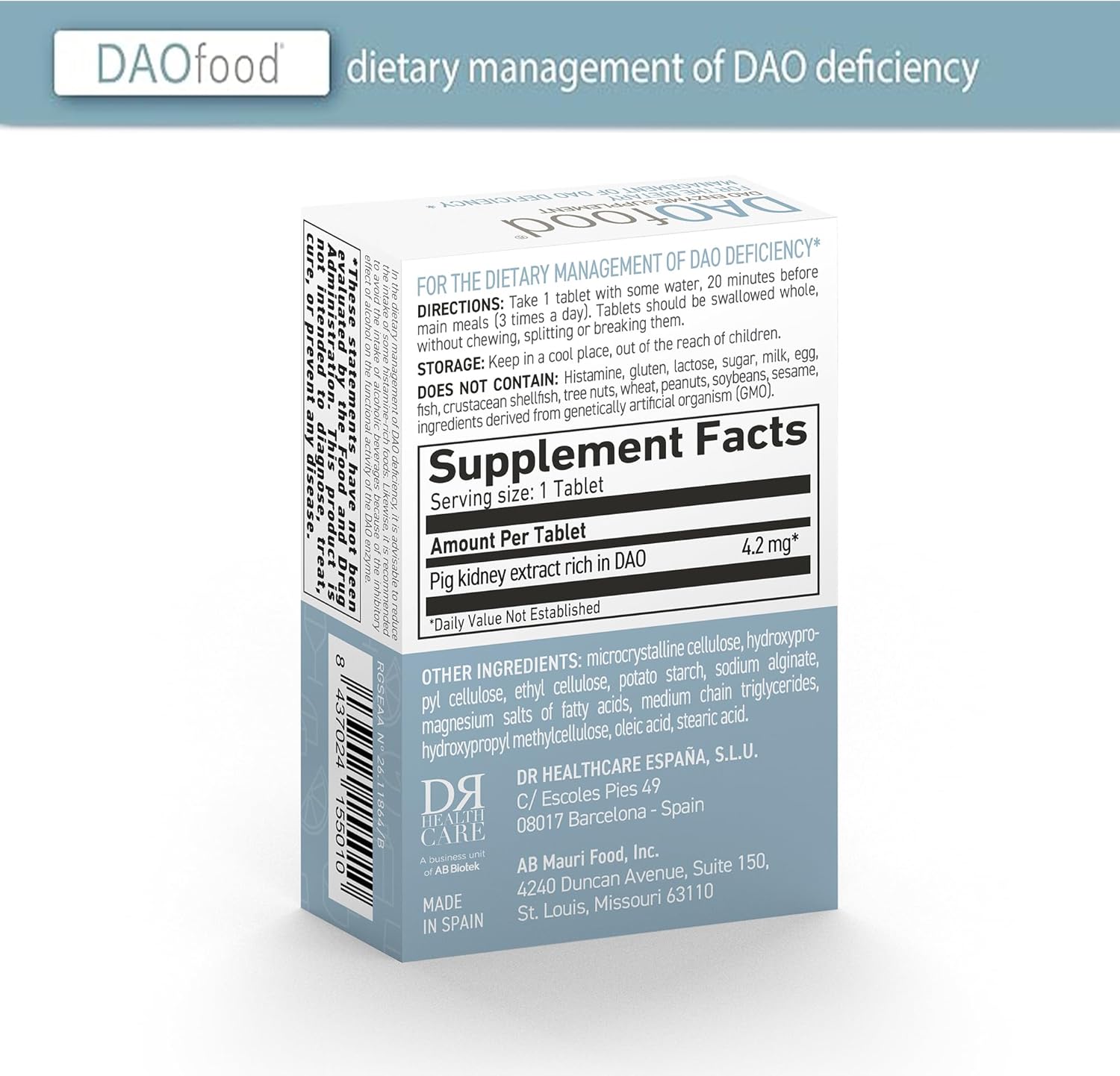 DR Healthcare DAOfood - DAO Deficiency Dietary Management - 60 Mini Gastro-Resistant Tablets Dispenser - Enzyme Supplement - Espot.com.au