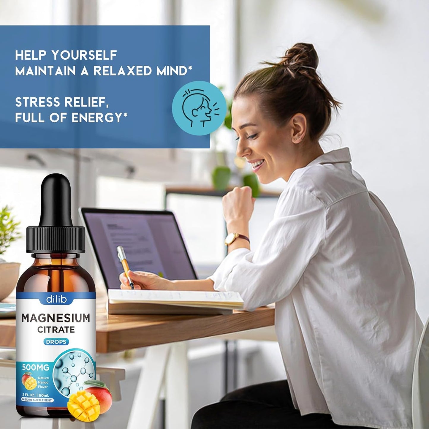 500mg Magnesium Citrate Liquid Drops Supplement for Stress Relief, Bone & Muscle Support, Sleep Aid - 2 Fl Oz Vegan Mango Flavor - Espot.com.au