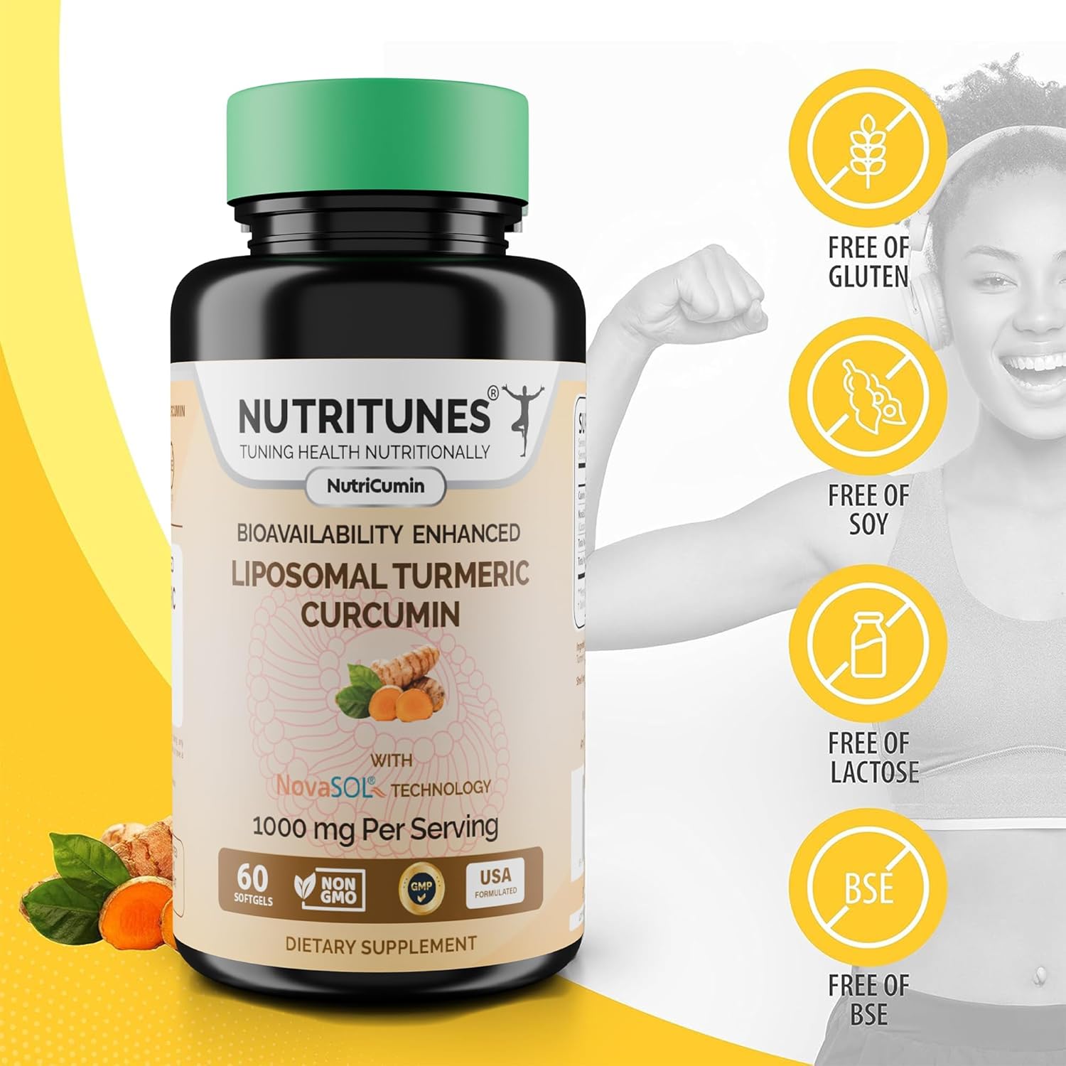 Nutritunes NutriCumin 1000mg Liposomal Turmeric Curcumin Softgels with NovaSOL Technology for Maximum Absorption - Made in USA with Premium Ingredients - Espot.com.au