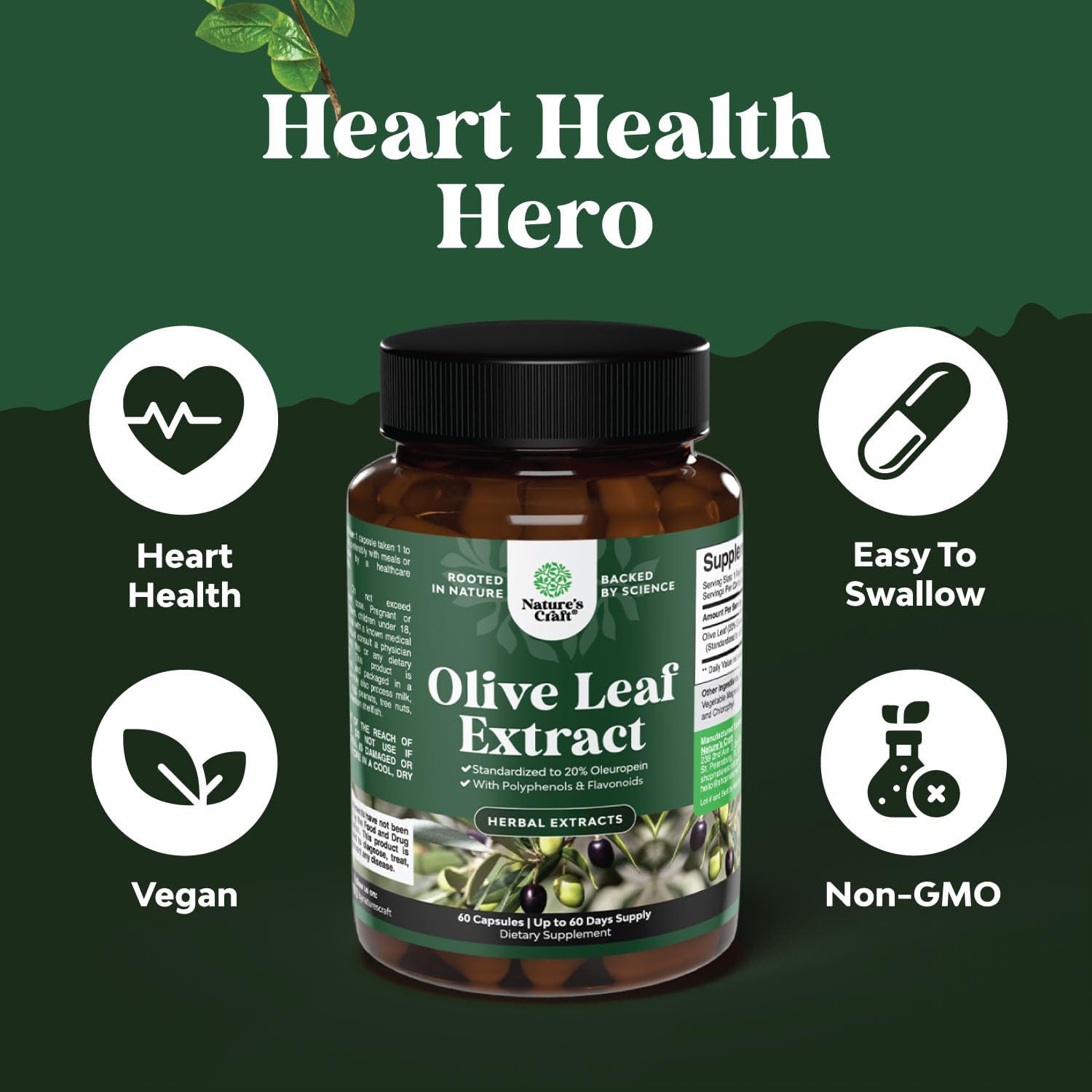 High Potency Olive Leaf Extract Capsules - Natural Antioxidant Supplement with 20% Oleuropein for Heart Health - Vegan, Non-GMO, Gluten Free - 2 Month Supply by Natures Craft - Espot.com.au