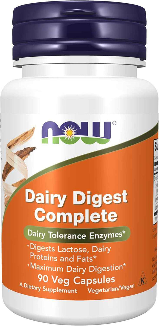 NOW Foods Dairy Digest Complete Enzymes - 90 Veg Capsules - Supports Digestion of Lactose, Proteins, and Fats - Dairy Tolerance Formula