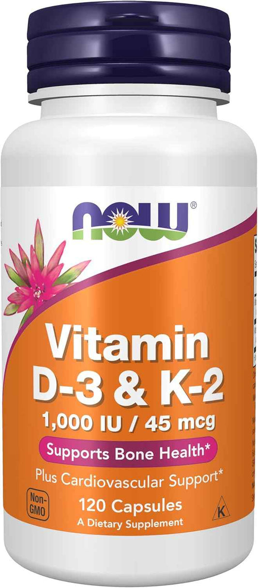 NOW Foods Vitamin D-3 & K-2 Capsules - 1,000 IU/45 mcg for Bone Health & Cardiovascular Support - 120 Veg Caps