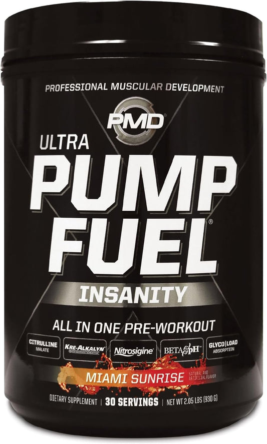 pmd-sports-ultra-pump-fuel-insanity---pre-workout-drink-mix---energy-strength-endurance-recovery---complex-carbs-amino-energy---miami-sunrise-30-servings-1