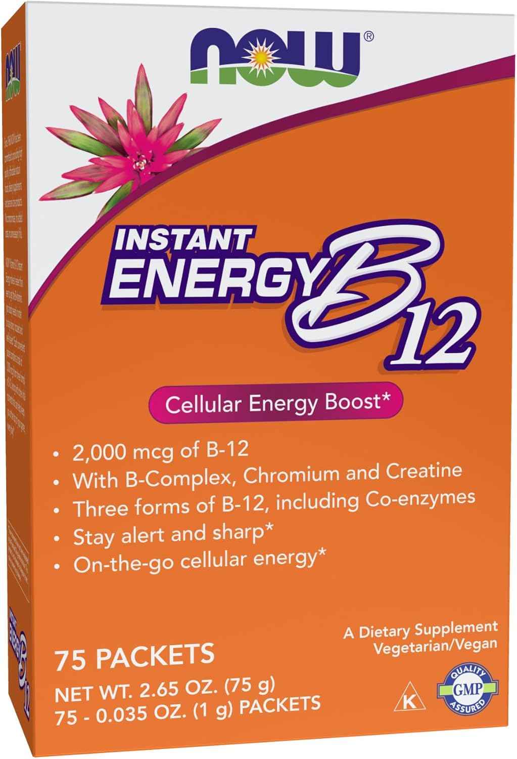 NOW Foods Instant Energy B-12 Supplement - 2,000 mcg per Packet - Cellular Energy Boost - 75 Packets