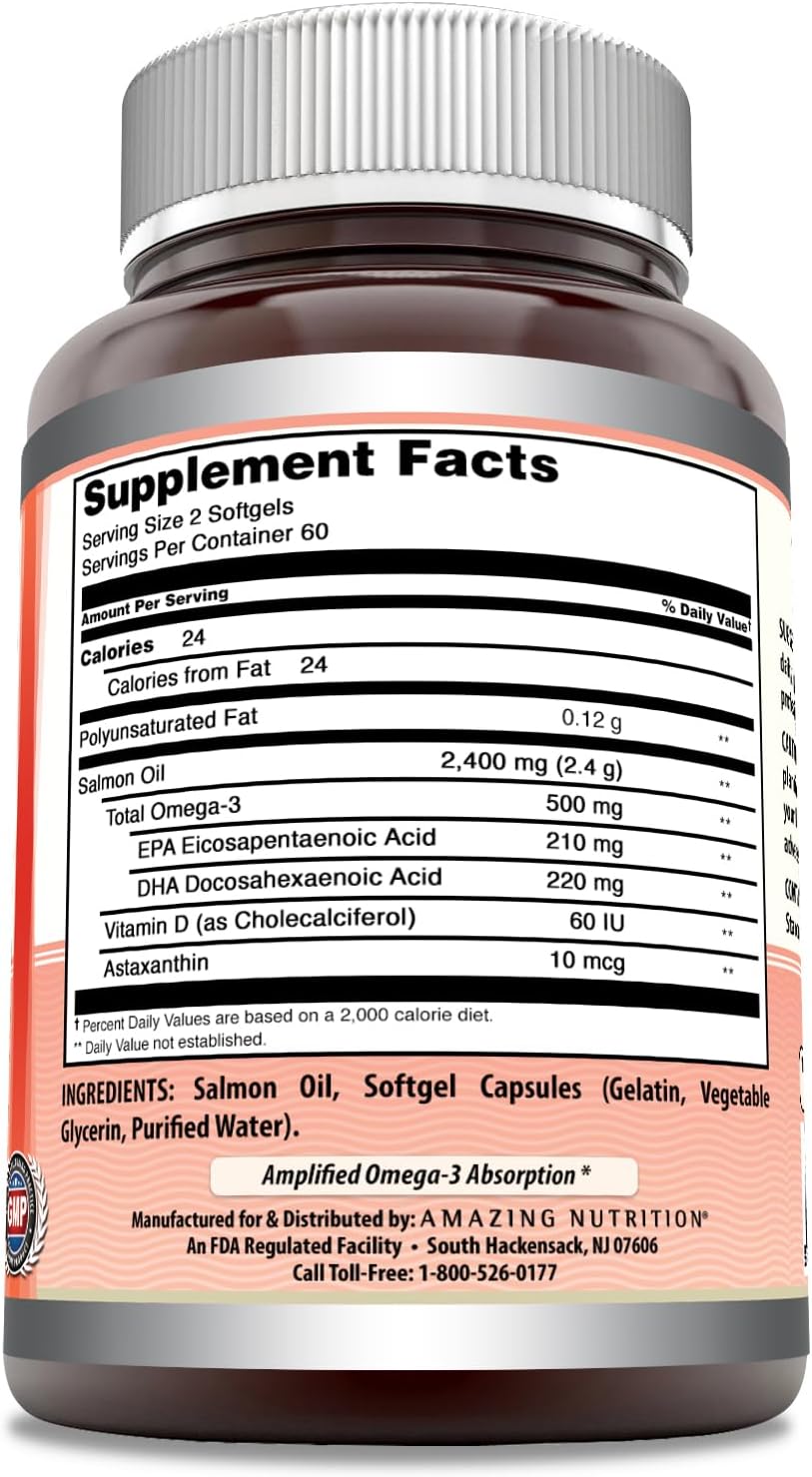 Premium Wild Alaskan Salmon Oil Supplement | 2400 Mg Omega-3, EPA/DHA | 120 Softgels | Non-GMO, Gluten-Free | Made in USA | Amazing Nutrition - Espot.com.au