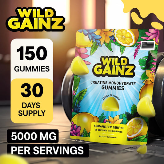 USA-Made WILD GAINZ Creatine Monohydrate Gummies 5g - Vegan Muscle & Cognitive Support Chews - Gluten-Free, Non-GMO - 150 Count - Espot.com.au