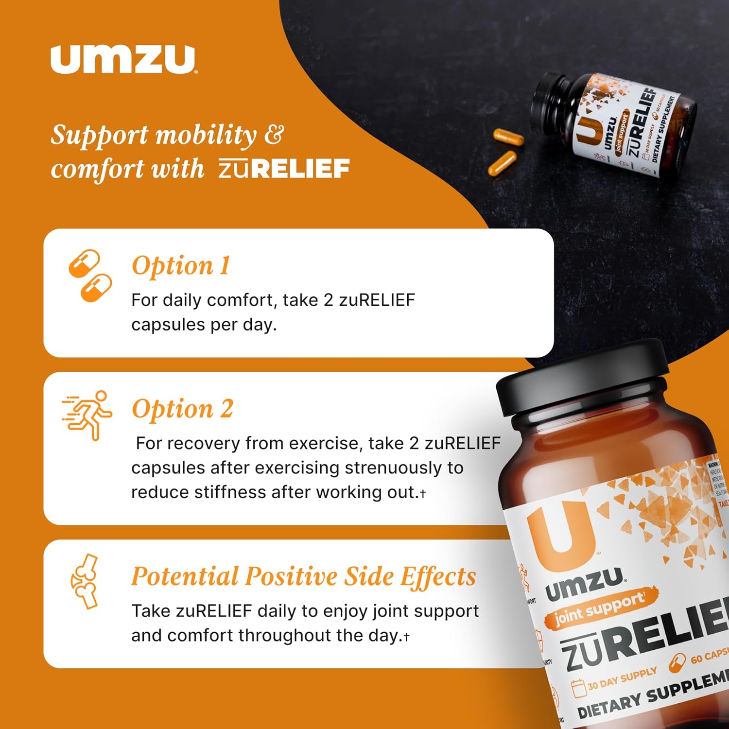 UMZU Joint Comfort Turmeric Curcumin Supplement with 7 Natural Ingredients for Joint Health & Immunity - Includes Bromelin, Boswellia & BioPerine Black Pepper (30 Day Supply, 60 Capsules) - Espot.com.au