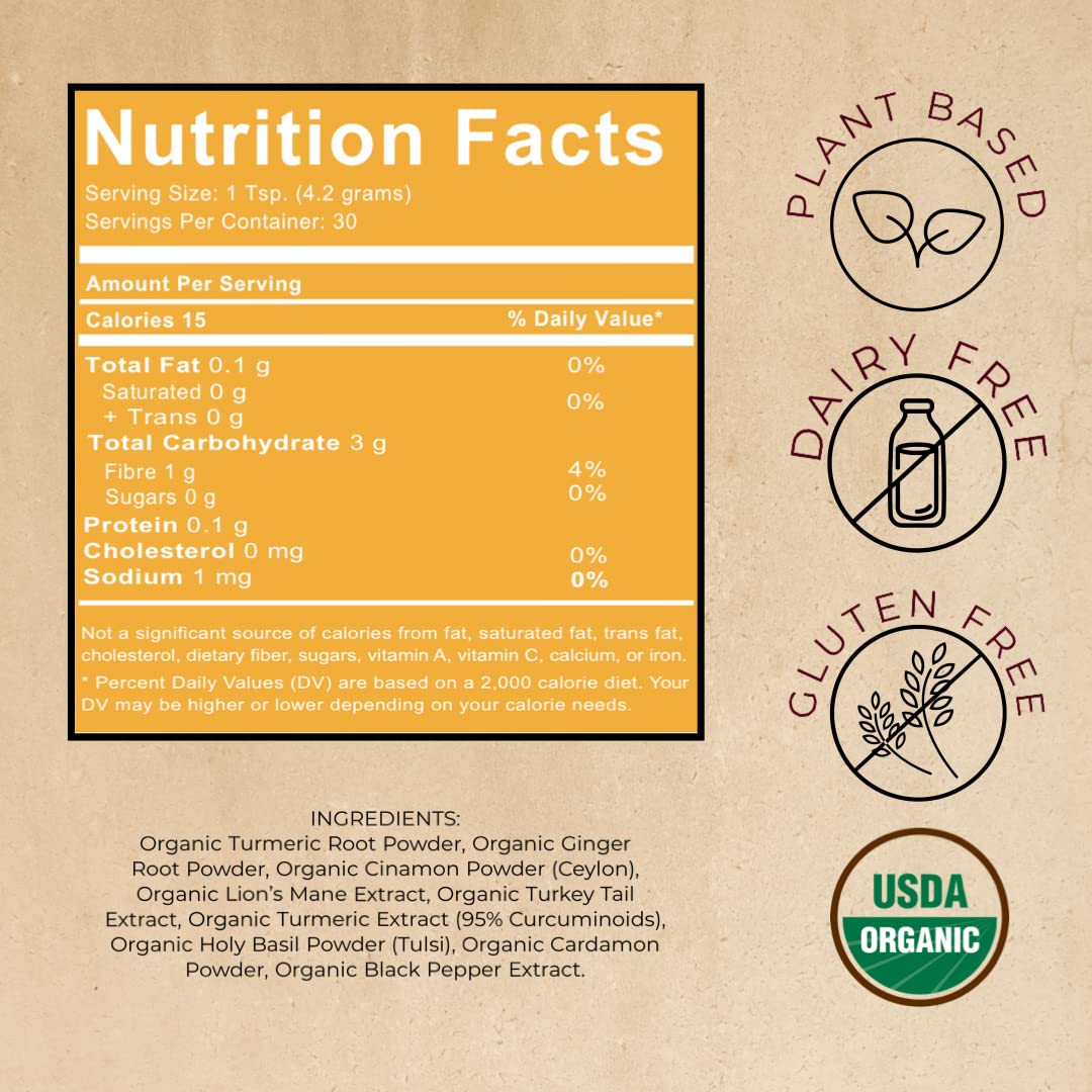 Organic Turmeric Latte Golden Milk with Lion's Mane & Turkey Tail Mushroom Extracts - Herbal Mushroom Coffee Substitute Alternative, 30 Servings - Espot.com.au