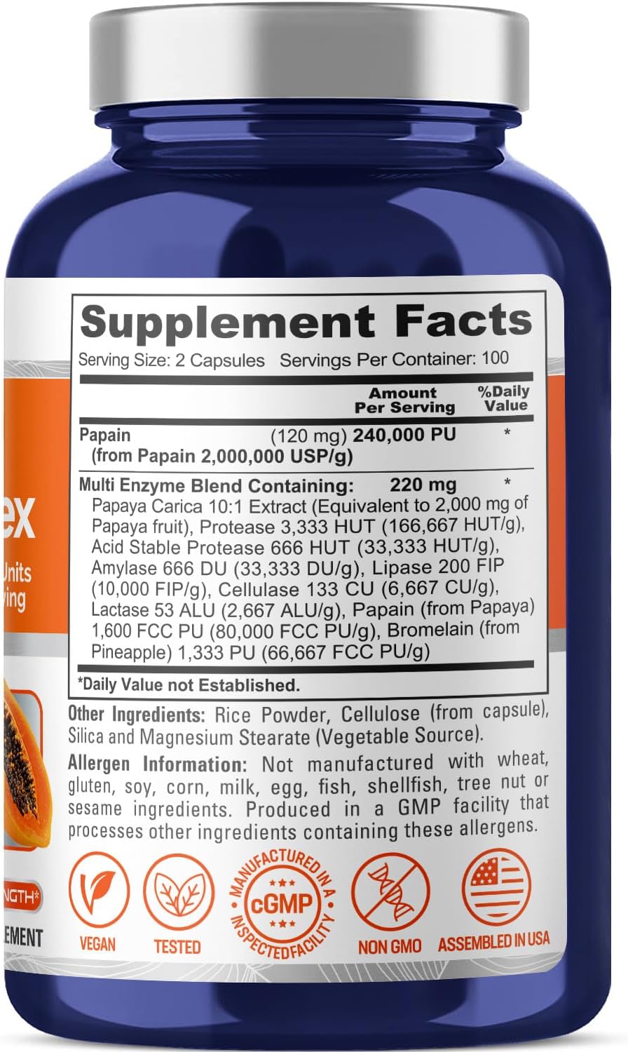 NusaPure Papaya Papain Enzyme Complex 240,000 PU - 200 Veggie Capsules - 100% Vegetarian, Non-GMO Supplement - Espot.com.au