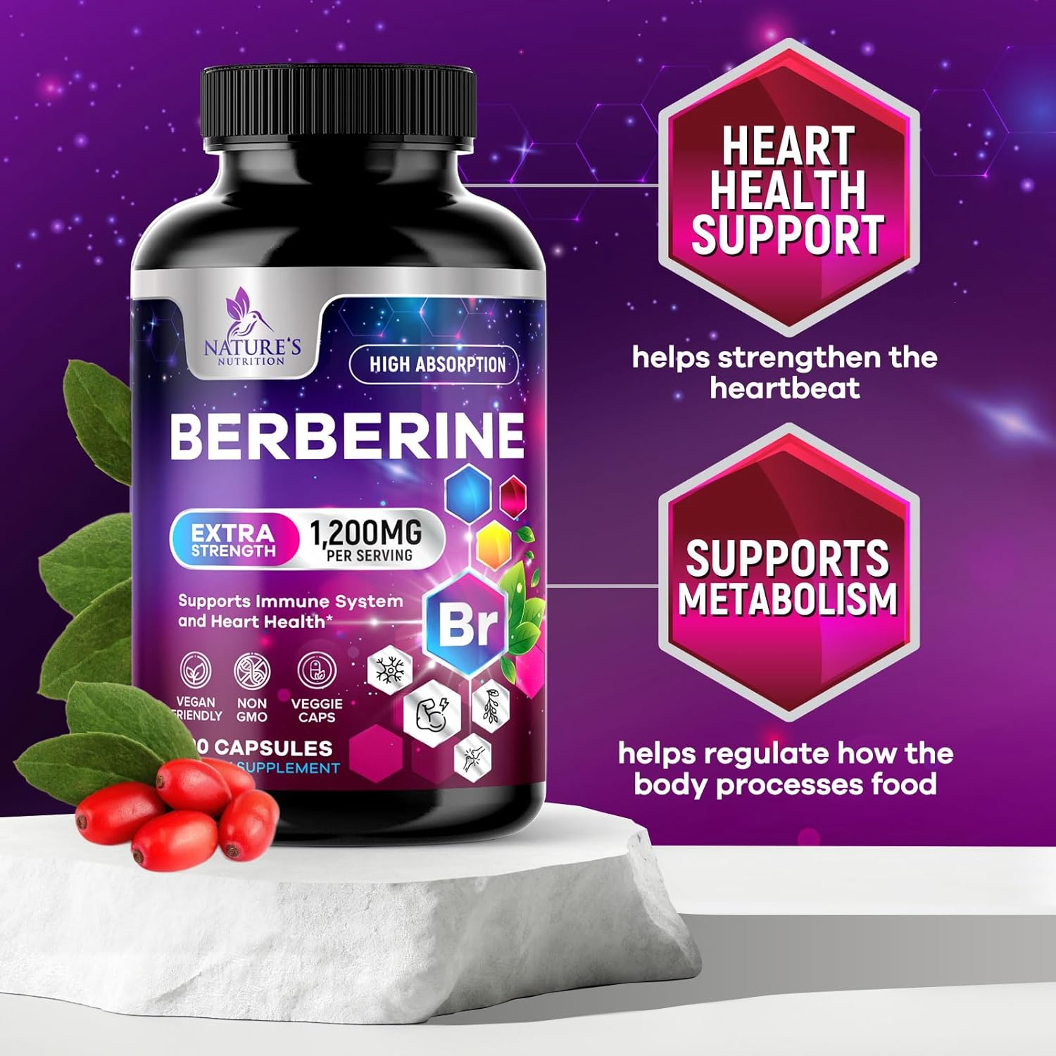 High Absorption Berberine Supplement for Heart Health & Immune Support - 1200mg Berberine HCL Pills with Gluten-Free Formula - 120 Veg Capsules by Nature's Nutrition - Espot.com.au