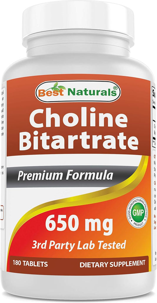 Premium Non-GMO Choline Bitartrate 650mg Tablets for Cognitive Brain Health - 180 Count - Espot.com.au