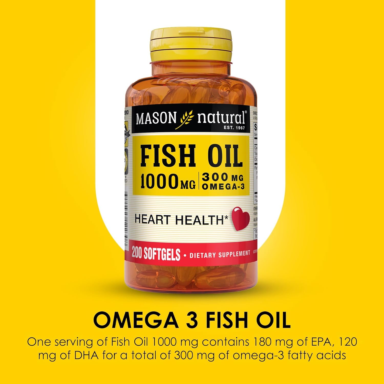 Omega 3 Fish Oil Softgels 1000mg, 200-Count Bottle, Mason Natural Dietary Supplement for Heart, Eye, Brain, and Joint Health - Espot.com.au