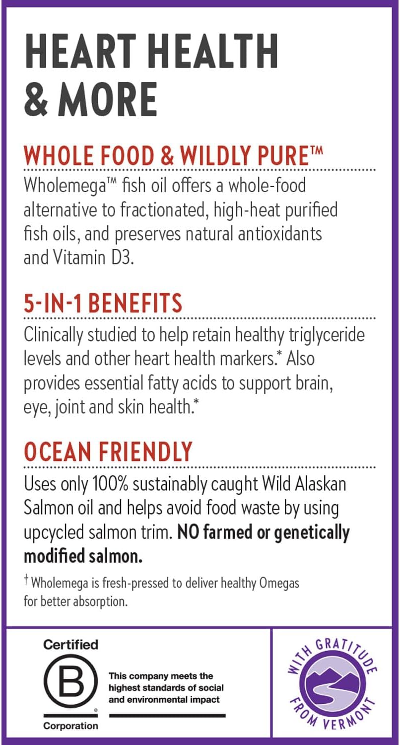 Wholemega Wild Alaskan Salmon Oil Supplement - Omega-3 + Vitamin D3 + Astaxanthin - Sustainably Caught - 120 ct, 1000mg Softgels - Espot.com.au