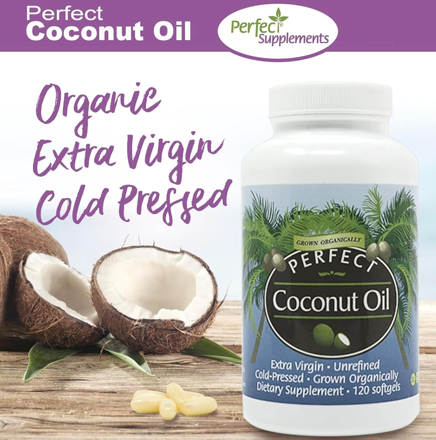 Organic Cold-Pressed Coconut Oil Softgels - 120 Softgels, 1000mg Each - Extra Virgin, Unrefined - Pure & Natural Supplement by Perfect Supplements - Espot.com.au