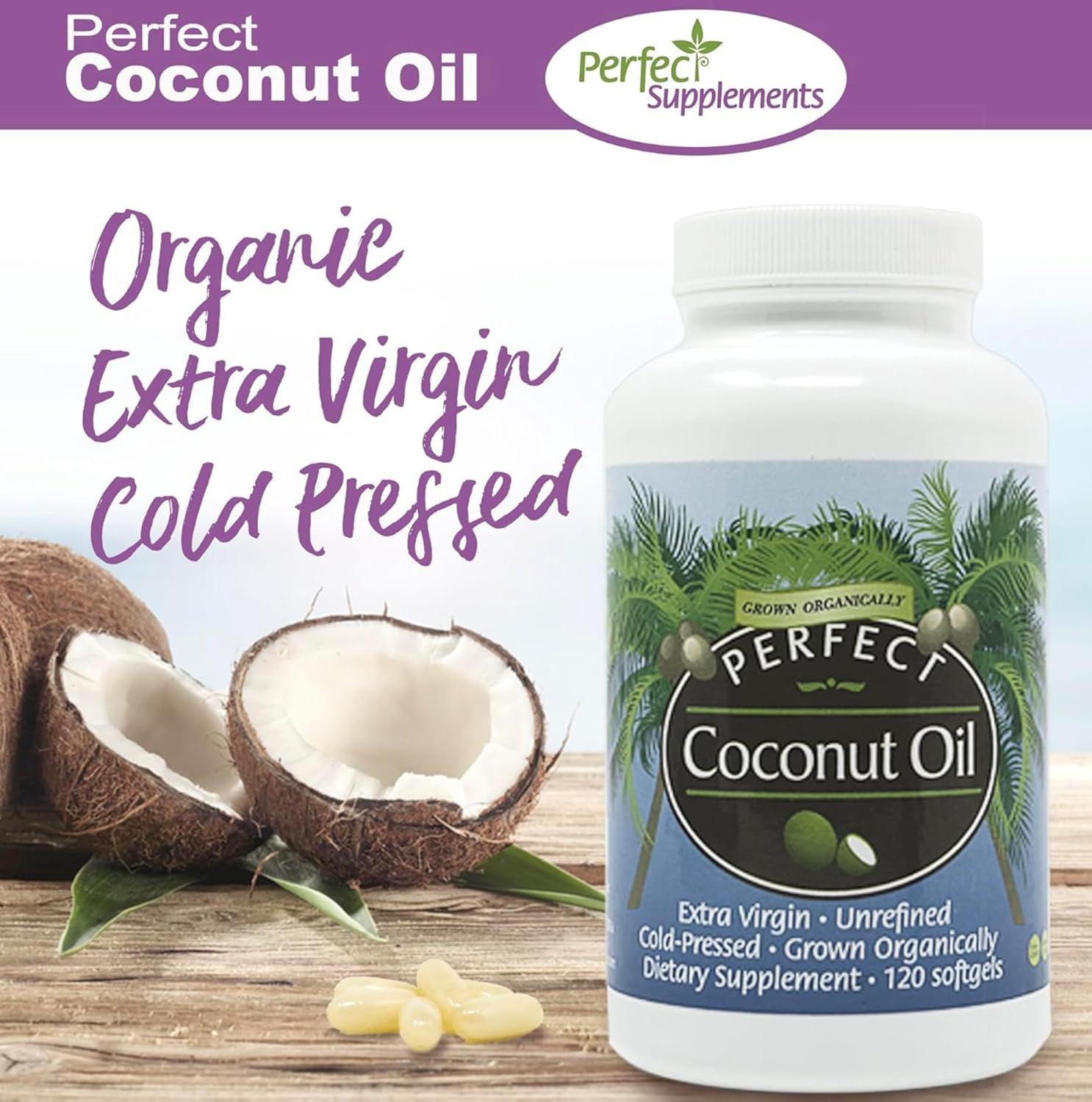 Organic Cold-Pressed Coconut Oil Softgels - 120 Softgels, 1000mg Each - Extra Virgin, Unrefined - Pure & Natural Supplement by Perfect Supplements - Espot.com.au