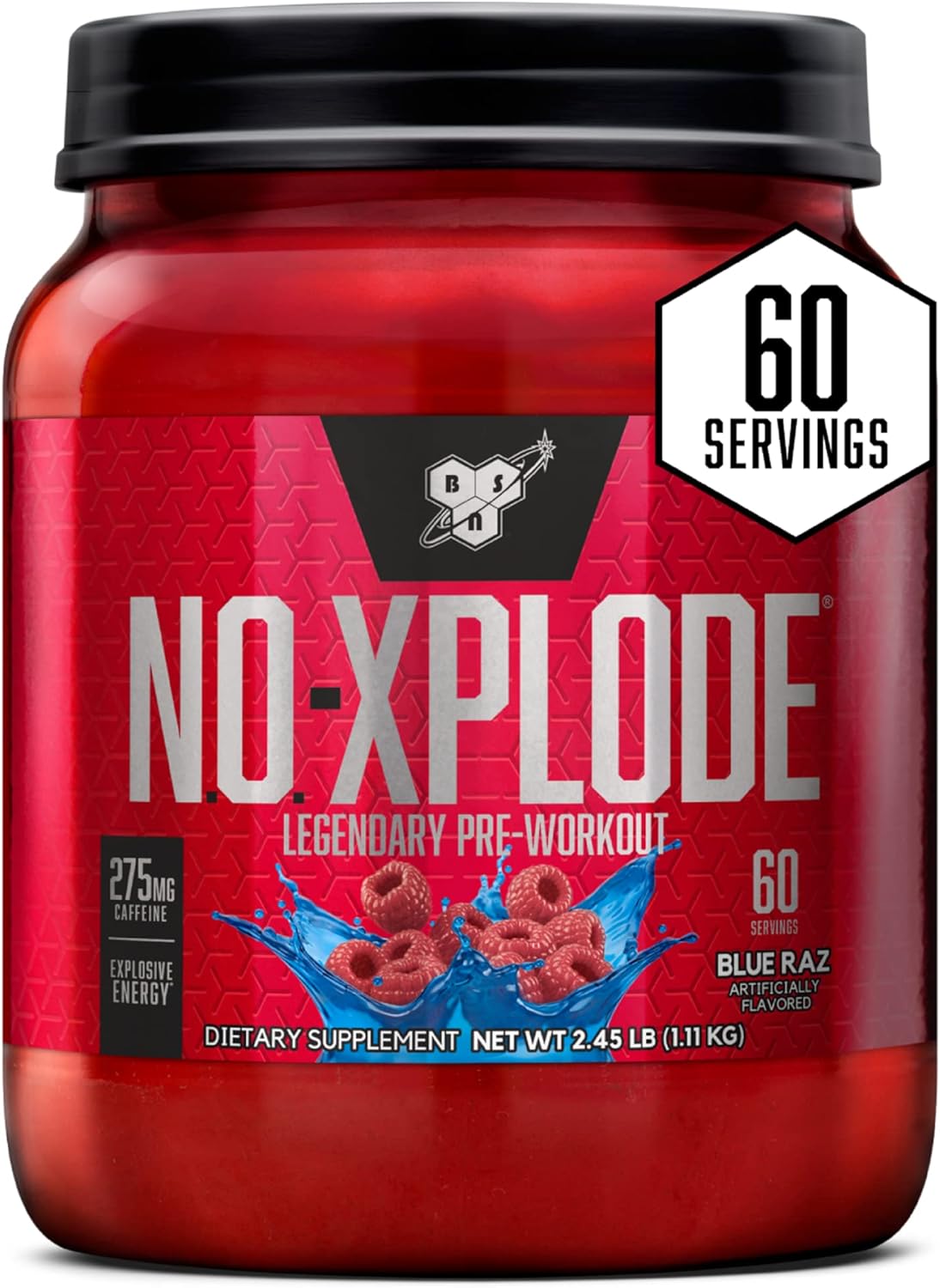 BSN N.O.-XPLODE Blue Raz Pre Workout Powder - Energy Supplement with Creatine & Beta-Alanine for Men and Women, 60 Servings - Espot.com.au