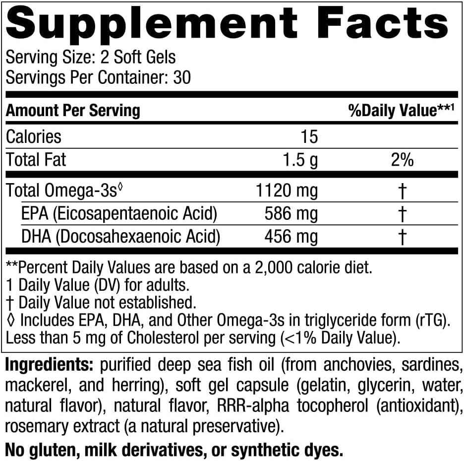 High-Potency Strawberry Flavored Omega-3 Fish Oil Supplement - 60 Mini Soft Gels - 1120 mg EPA & DHA - Supports Brain & Heart Health - 30 Servings