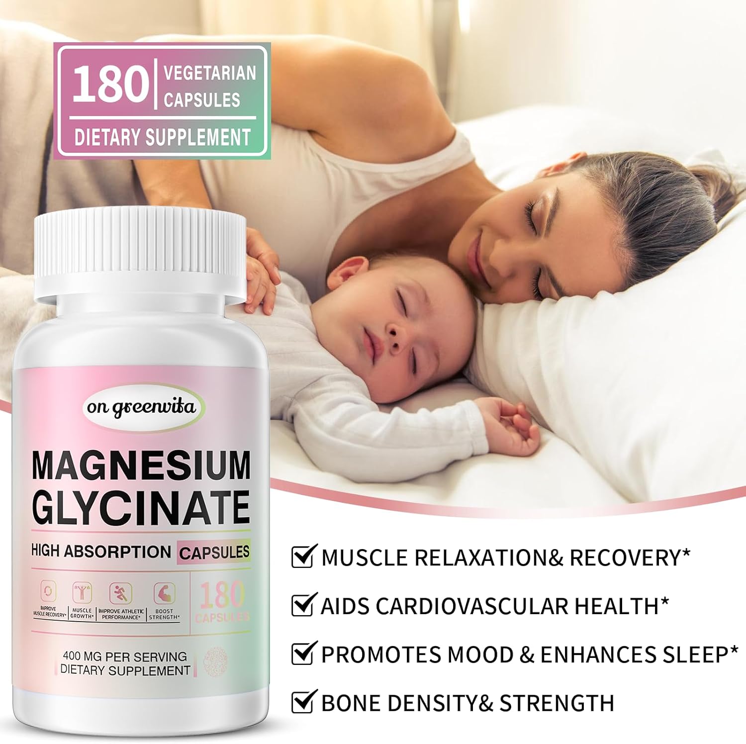 High Absorption Magnesium Glycinate 400MG, Gentle on Stomach, Non-GMO, 180 Vegetarian Capsules by greenvita - Espot.com.au