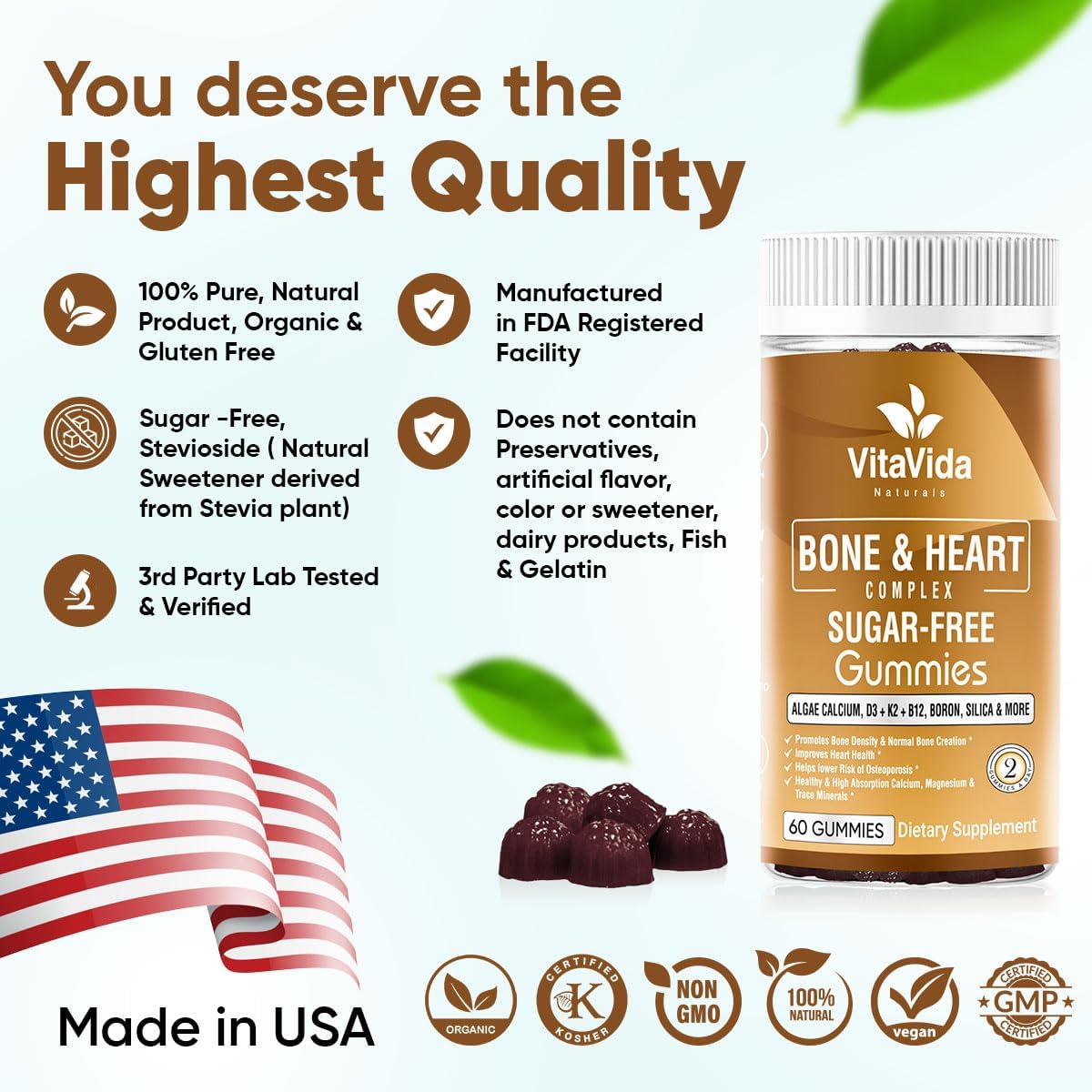 Plant-Based Vegan Calcium Gummies with K2, D3, Magnesium, and 13 Trace Minerals for Bone Density Support | B12 & Heart Complex | 60 ct. - Espot.com.au